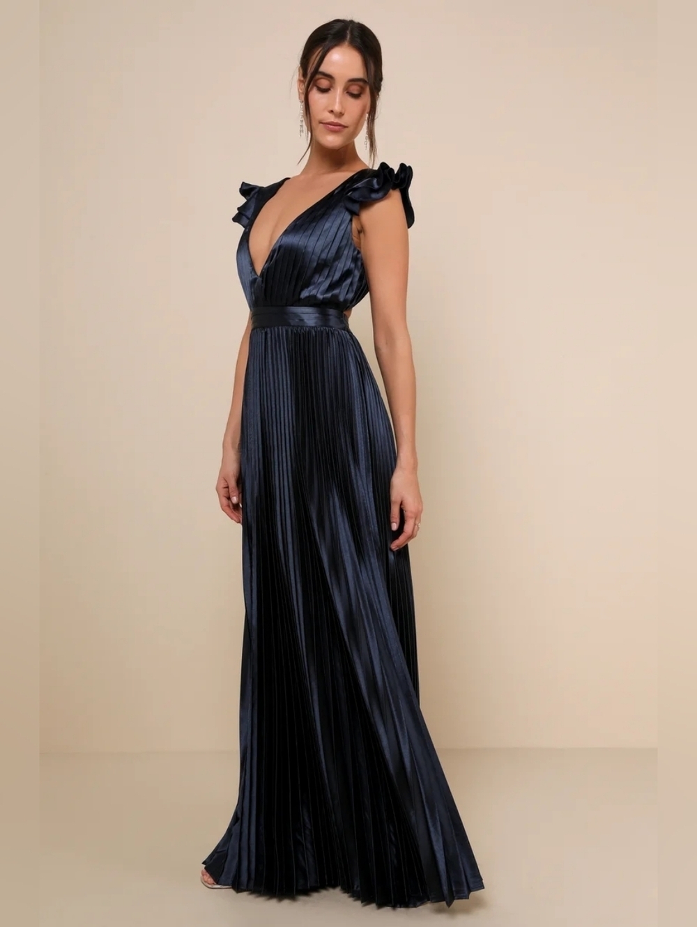 Lulus Exceptional Drama Navy Blue Satin Lace-Up Pleated Maxi Dress S Wedding - Picture 3 of 10